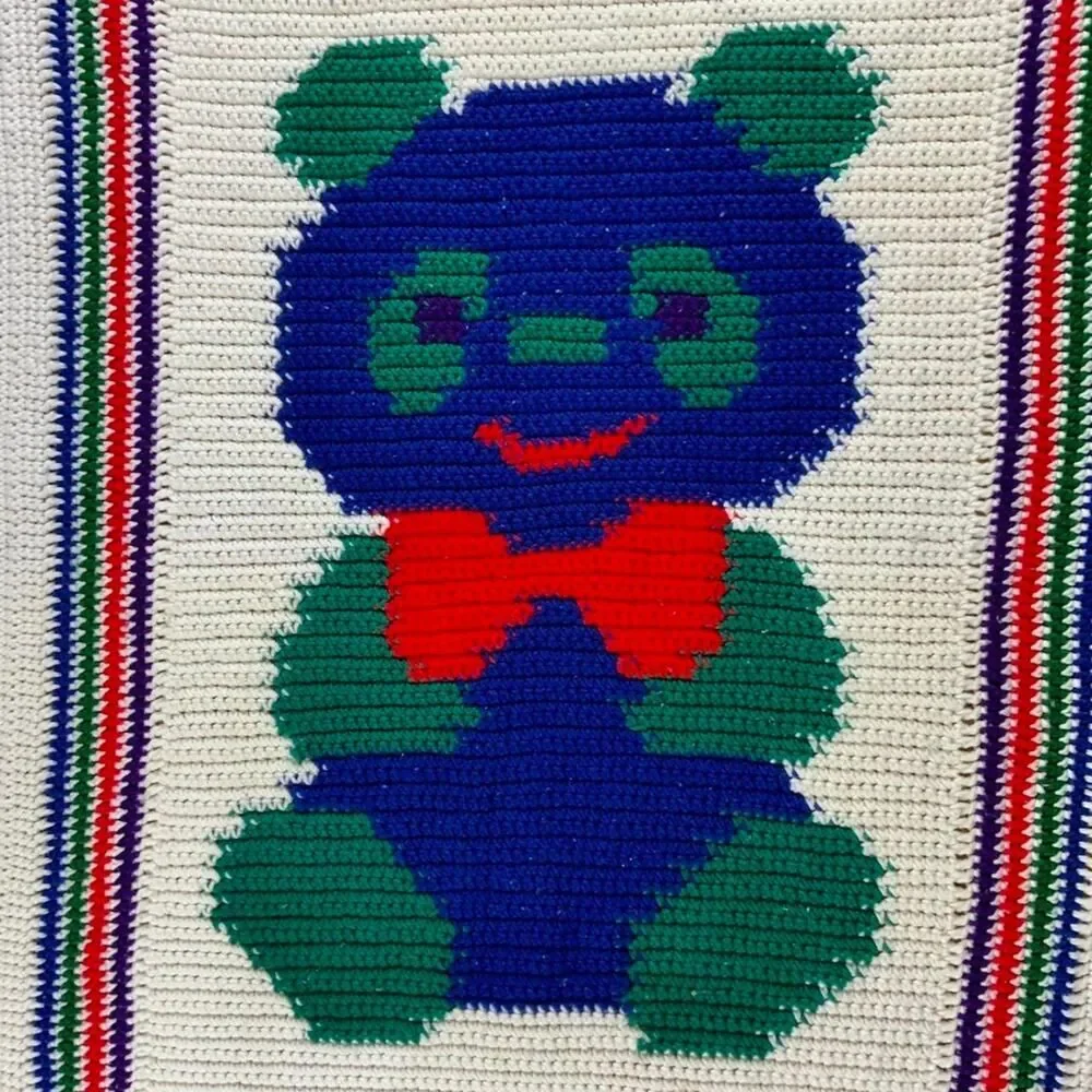 VINTAGE PANDA BEAR KNIT BLANKET QUILT BABY PRIMARY COLORS MAXIMALISM